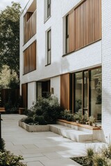 Fototapeta premium Contemporary residential building featuring modern architecture and landscaped courtyard in a serene neighborhood during daylight hours