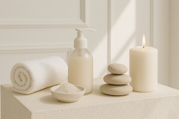 A calming spa arrangement features a white towel, a bottle of lotion, a small bowl of salt, smooth stones stacked, and a lit candle. This serene setup promotes relaxation at home