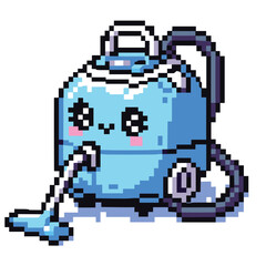 Fototapeta premium Cute Pixel Art Vacuum Cleaner with Adorable Face and Water Spill