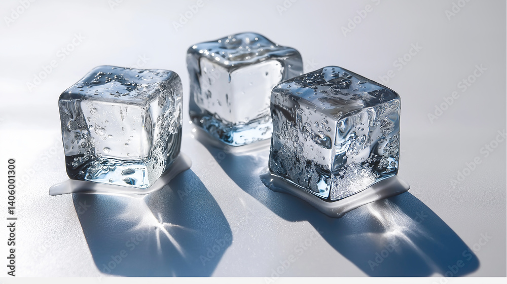 Poster three melting ice cubes on white background creating dramatic shadows