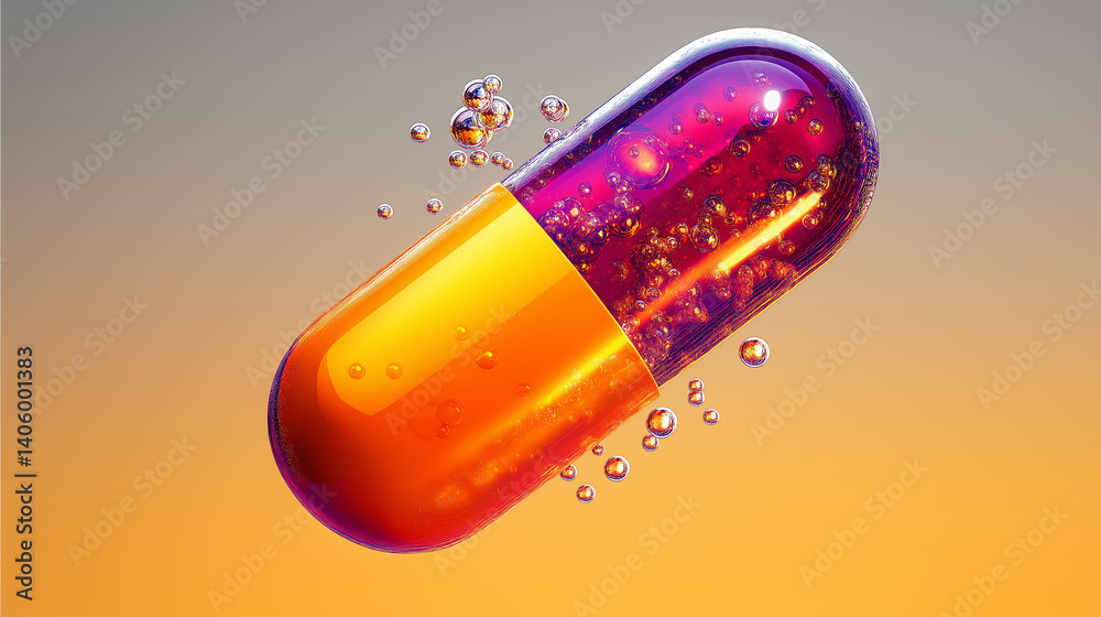 Poster Orange and purple capsule floating with bubbles on gradient background