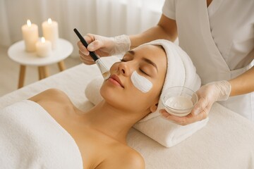 Naklejka premium A client enjoys a rejuvenating skincare treatment while lying on a massage table. A specialist applies a facial mask using a brush, enhancing the relaxing atmosphere