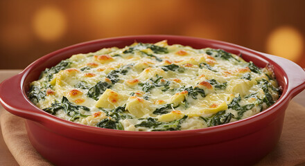 Spinach artichoke dip in a rustic red bowl ready for sharing