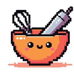 Cute Pixel Art Mixing Bowl with Whisk and Rolling Pin - Kawaii Kitchenware Illustration