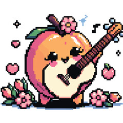 Fototapeta premium Peach Playing Guitar in Pixel Art with Blossoms