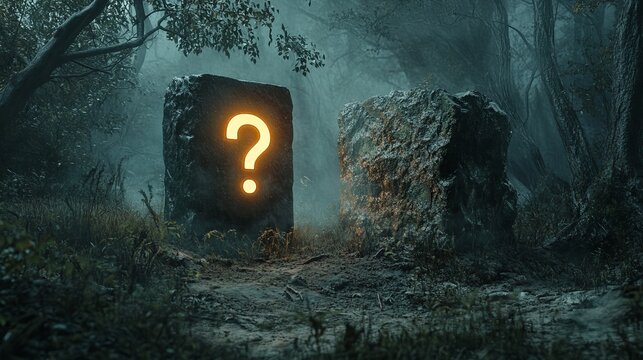A mysterious path between stones in a dark forest with a glowing question mark on one stone - Powered by Adobe