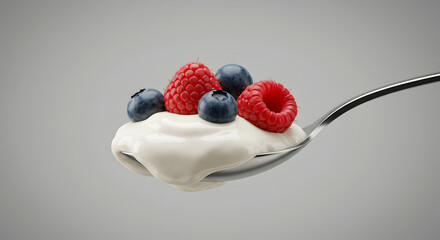 Yogurt spoonful featuring fresh blueberries and juicy raspberries delight
