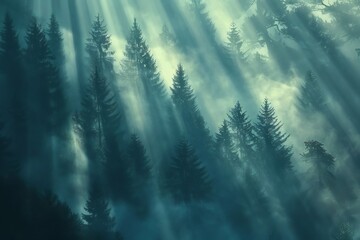 Fog laden forest background a surreal mix of shadow and light mysterious silhouettes of pines emerging from a ghostly haze soft and immersive