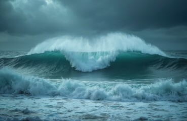 Naklejka premium Dramatic photo heavy storm in the ocean. Large waves in open sea under cloudy sky. Powerful water element, weather conditions. Stormy seascape. Ocean nature. Storm clouds.