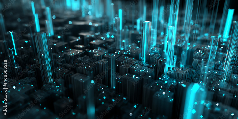 Aufkleber abstract digital cityscape with glowing cyan towers and dark cubic structures, representing technolo