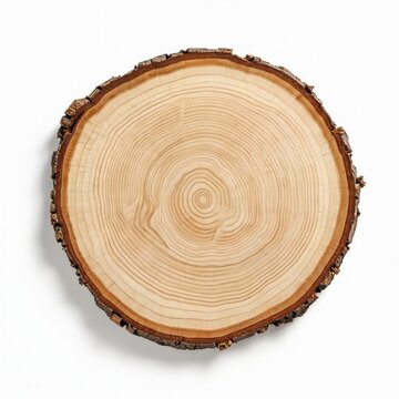 Birch tree saw cut isolated on white. Wooden cross section, annual growth rings, circular pattern. Natural texture, details of wood grain, timber, lumber slice, background for eco design,