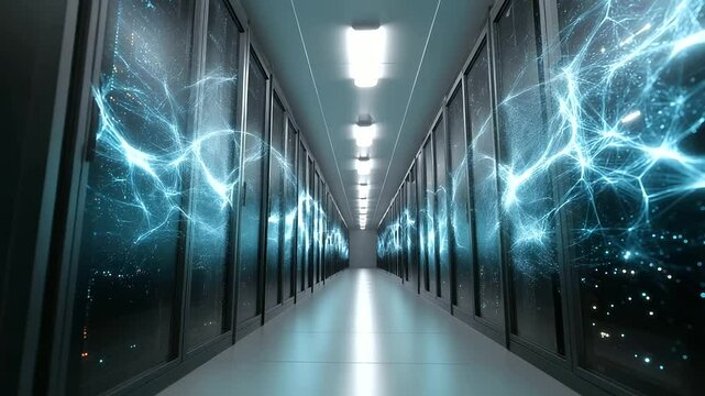 A futuristic data center corridor lined with rack servers and supercomputers for cloud storage.