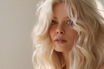 Fototapeta premium blonde pretty bright light blonde curly wavy hair scandi scandinavia,n swedish beauty blue eyes plain background studio