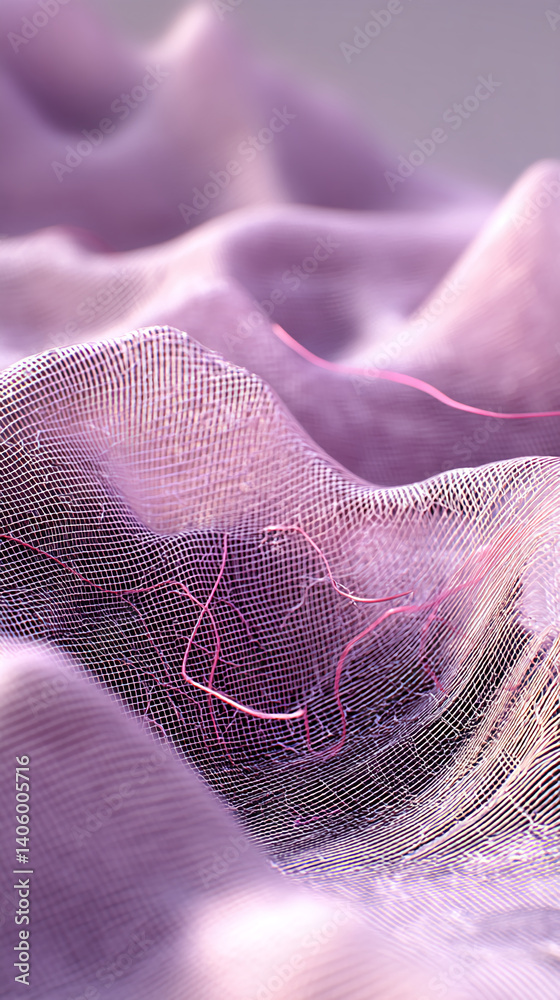 Poster Abstract image of a lilac textile with grid pattern, creating soft waves, showcasing texture and subtle light play, ideal for background or design element