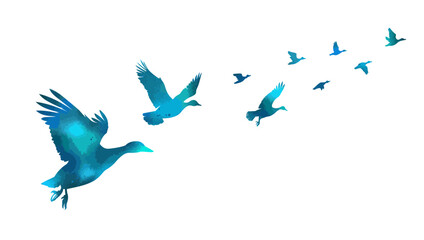 A flock of blue ducks flying. hand drawing. Not AI. Vector illustration. © Мария Неноглядова