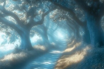 Fototapeta premium Ethereal forest landscape soft pastel light delicate shadows caress ancient trees and winding paths evoking poetic natural beauty