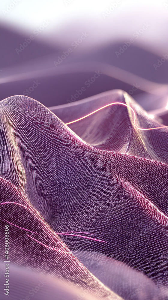 Poster abstract image of purple net-like texture, creating flowing, wave-like forms. subtle lighting sugges