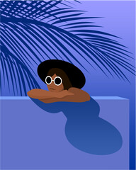 Woman with hat behind the blue wall