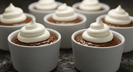 Mini Chocolate Mousse Cups with Whipped Cream Topping Arrangement