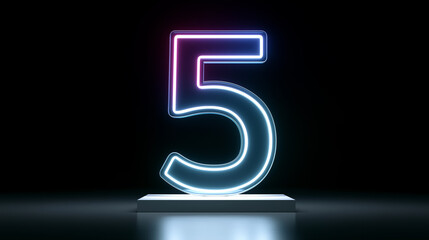 Glowing neon number five on dark background with reflective surface
