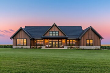 Beautiful rustic house with large windows during sunset in a rural setting, highlighting modern design and harmony with nature