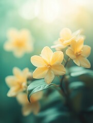 Fototapeta premium Delicate yellow flowers bloom in soft sunlight against a blurred green background