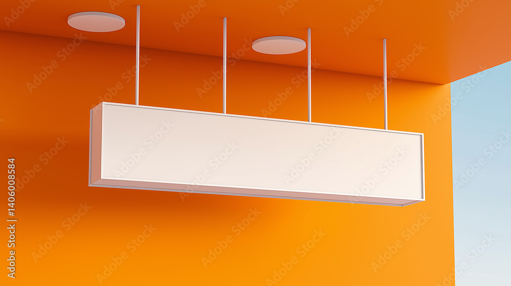 Aufkleber empty white rectangular sign hanging from orange ceiling with spotlights