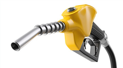 Yellow fuel pump nozzle delivering gasoline on white background