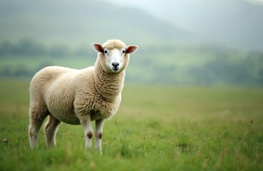 Obraz premium Portrait merino sheep standing on green grass. Peaceful farm animal in Devon, England. Cute fluffy woolly lamb, looking at camera in sunny day. Pastoral scene countryside.