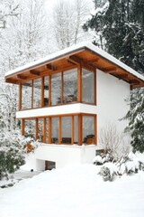 Contemporary house design amid a snowy landscape showcasing large windows and wooden accents in a tranquil winter setting