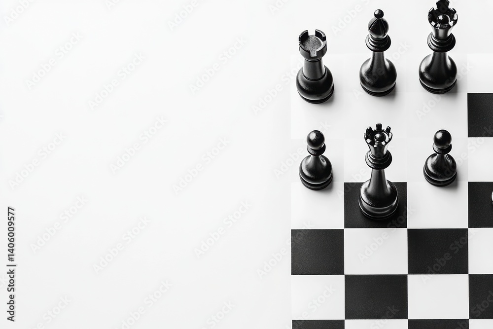 Poster chess pieces arranged in a minimalistic black and white layout on a clean board