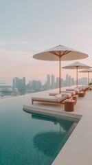 Fototapeta premium Luxurious rooftop infinity pool with city skyline views at sunset in a tranquil setting