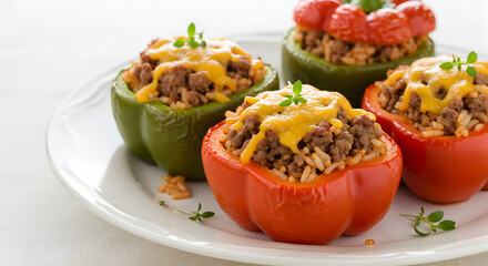 Delicious Stuffed Bell Peppers With Rice Ground Beef And Melted Cheese