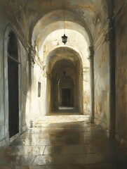 Obraz premium A serene corridor with arches illuminated by soft light