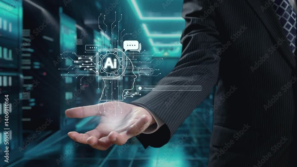 Poster human interact with ai artificial intelligence brain processor in concept of ai artificial intellige