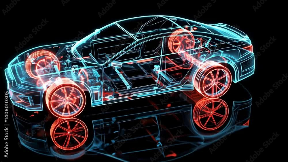 Poster holographic projection of a modern car chassis rotating slowly, showcasing its internal components, 