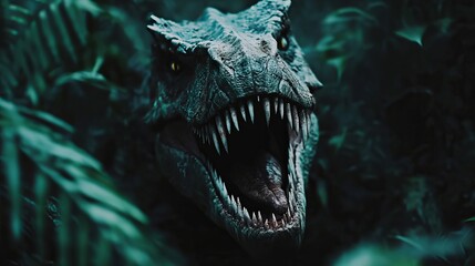 Naklejka premium Close up of a dinosaur with sharp teeth surrounded by green foliage in a dark environment