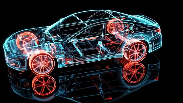 Holographic projection of a modern car chassis rotating slowly, showcasing its internal components, engine, transmission, and suspension system against a dark, reflective surface