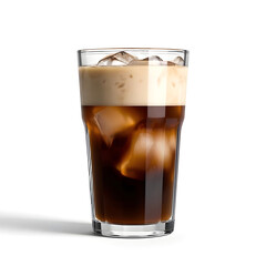 A tall glass of iced coffee isolated on white background.