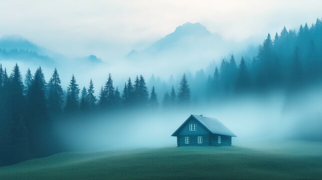 Misty morning at a secluded cabin surrounded by dense pine forests in a mountainous region - Powered by Adobe