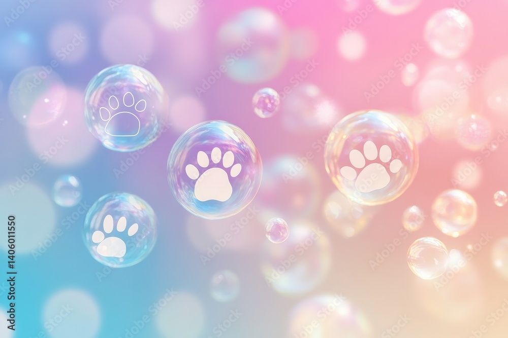 Leinwandbilder colorful floating bubbles with paw prints create a soothing pet care theme in a soft gradient backgr