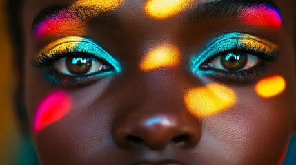 Close up of a woman's face with colorful makeup and light reflections on her skin and around the eyes