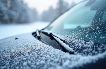 Frozen car windshield wipers covered snow. Winter morning car covered in snow and ice. Car blocked by snow, ice. Cold weather, transport issues, winter driving problems.