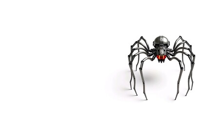 mechanical spider robot with multiple legs and red glowing sensors on white background 