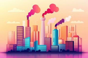 A vibrant illustration of a city skyline with factories emitting colorful smoke against a warm sunset backdrop, highlighting urban life and industry.