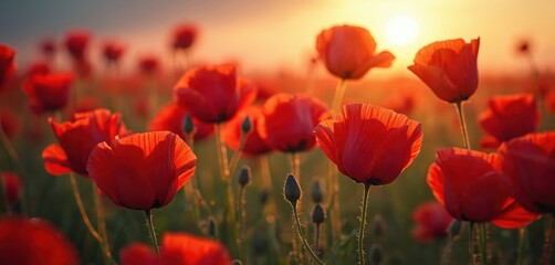 Fototapeta premium Field of red poppies at dawn, sunlight, memory to soldiers. Poppy flowers bloom, remembrance day, Memorial Day. Beautiful summer nature landscape with poppy field, flowers, plants. Red petals at