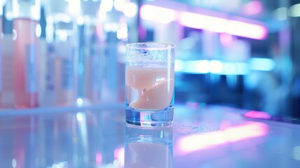 semi-formed synthetic skin suspended in a glass vial, pale pink and beige texture, glowing under lab lights, futuristic biotech setting