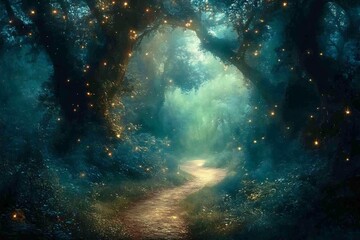 Obraz premium Enchanted forest path winding through canopy of ancient redwoods where scattered light and thick mist create a timeless magical vista