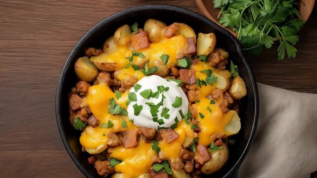 Loaded Potatoes: Comfort food perfection Golden potatoes melted cheese crispy bacon and sour cream