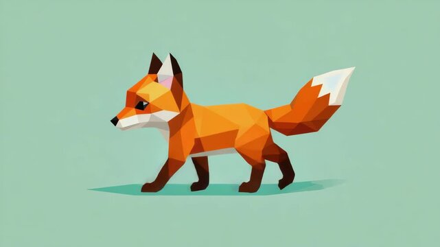 Geometric Orange Fox Walking on Light Green Background, Minimalist Low Poly Style Animal Design, Modern Polygonal Art Illustration